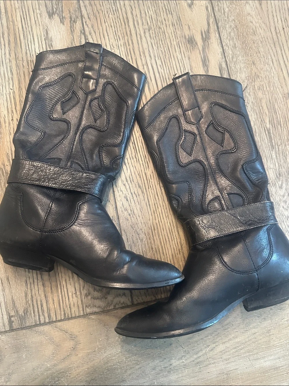 Vintage DP Italia Black Leather Western Harness Boots Made in Italy Women's 7M - Picture 5 of 13